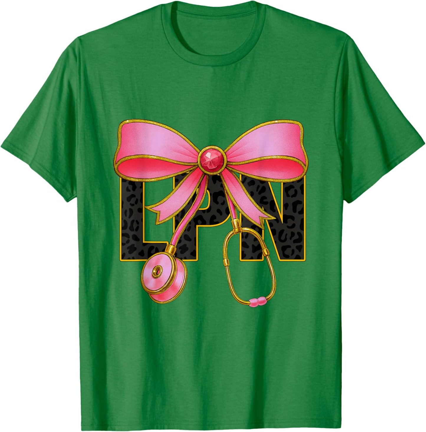 LPN Nurse Coquette Bow Leopard Print Stethoscope Nurses T-Shirt - T-Shirt | Irish Green