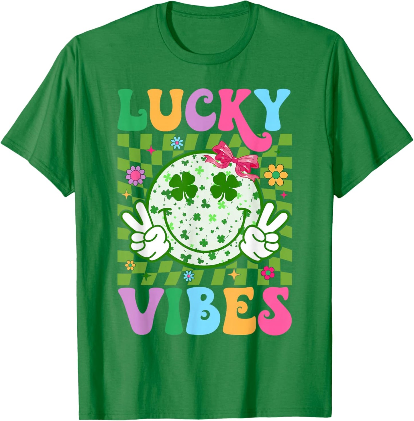 Groovy St Patricks Day Lucky Vibes Shamrock Women Girls Kids T-Shirt - T-Shirt | Irish Green