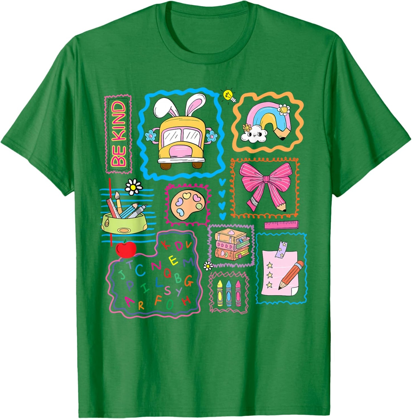 Be Kind School Girls Teacher Coquette Bow Bus Rainbow Crayon T-Shirt - T-Shirt | Irish Green