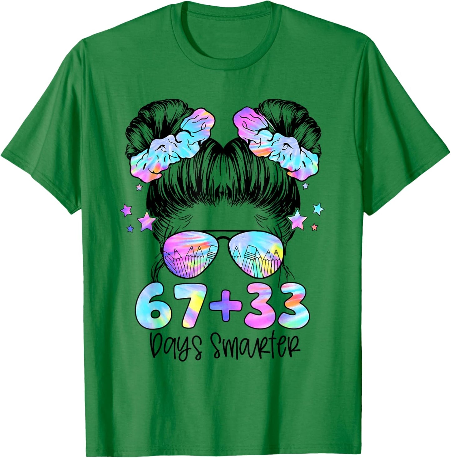 67 33 Days Smarter Messy Bun Girl 100th Day of School Kids T-Shirt - T-Shirt | Irish Green
