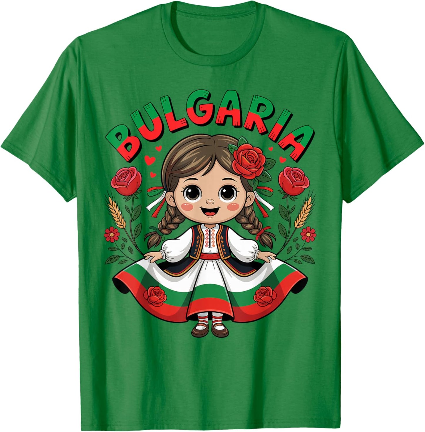 Cute Bulgarian Girl in Traditional Folk Dress for Kids T-Shirt - T-Shirt | Irish Green