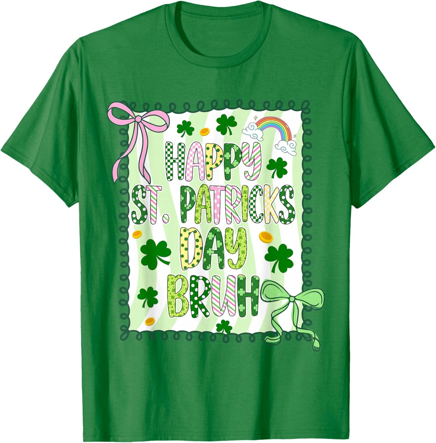 Bruh Happy St Patricks Day Kids Coquette Girls Bow Shamrock T-Shirt - T-Shirt | Irish Green