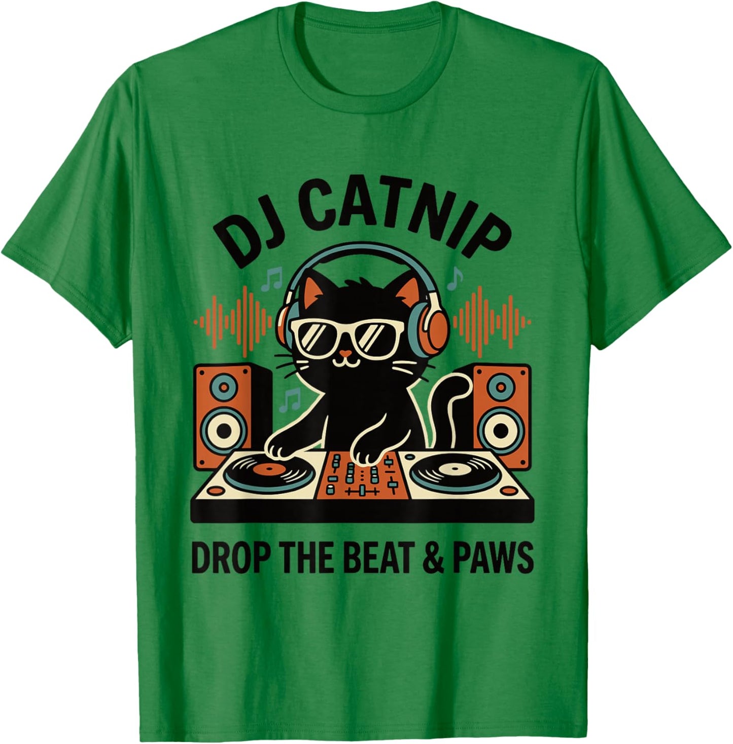 DJ Catnip Drop The Beat & Paws Funny Cat DJ Headphones Vinyl T-Shirt - T-Shirt | Irish Green