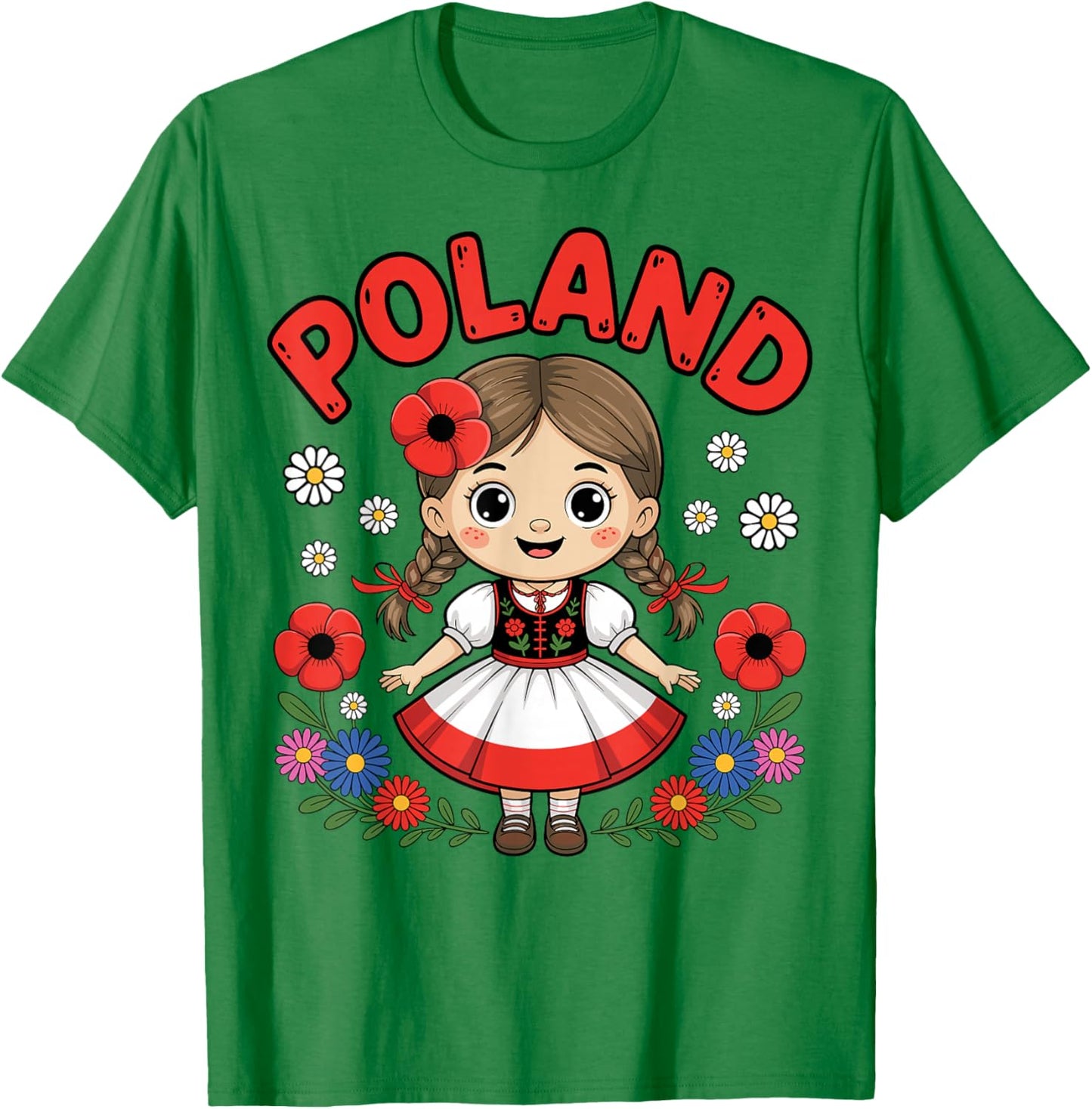 Cute Poland Girl Traditional Folk Dress with Flowers Kids T-Shirt - T-Shirt | Irish Green
