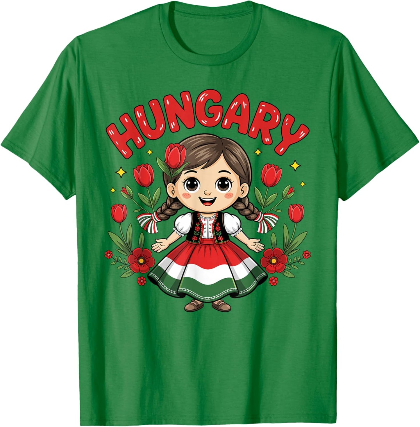 Cute Hungarian Girl in Traditional Red Dress for Kids T-Shirt - T-Shirt | Irish Green