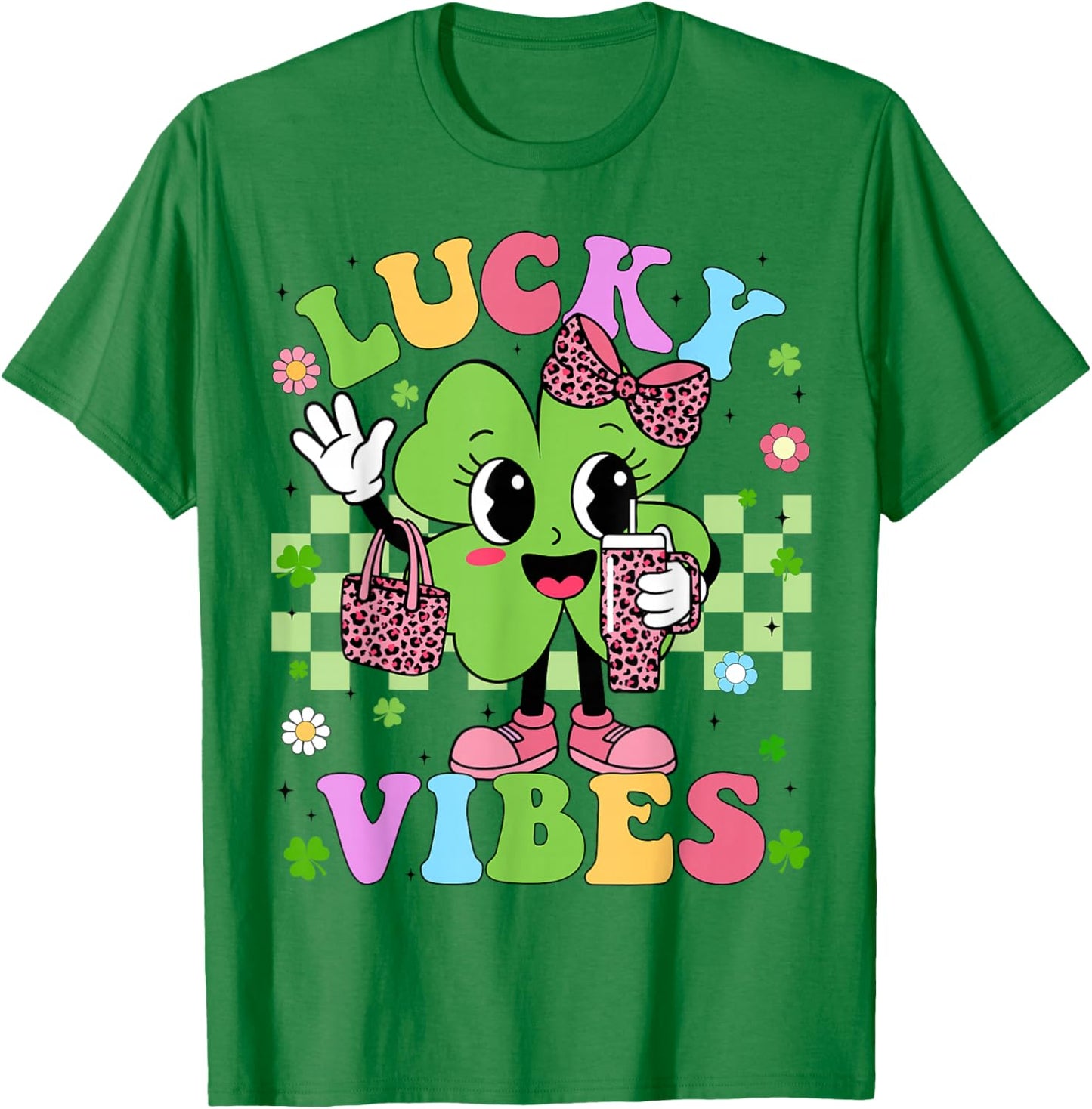 Lucky Vibes Cute Shamrock Leopard St Patricks Girl Kid Women T-Shirt - T-Shirt | Irish Green