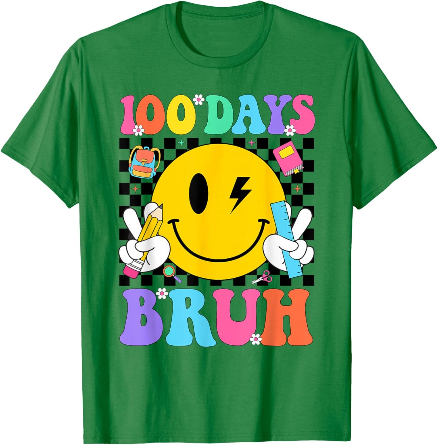 100 Days Bruh Retro Smile Face Boys Girls Kids 100th Day T-Shirt - T-Shirt | Irish Green