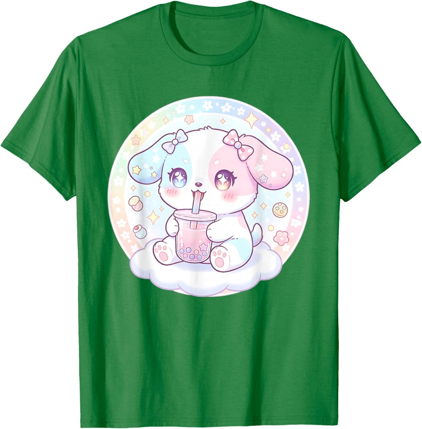 Puppy Dog Drinking Boba Tea Cute Girls Graphic T-Shirt - T-Shirt | Irish Green