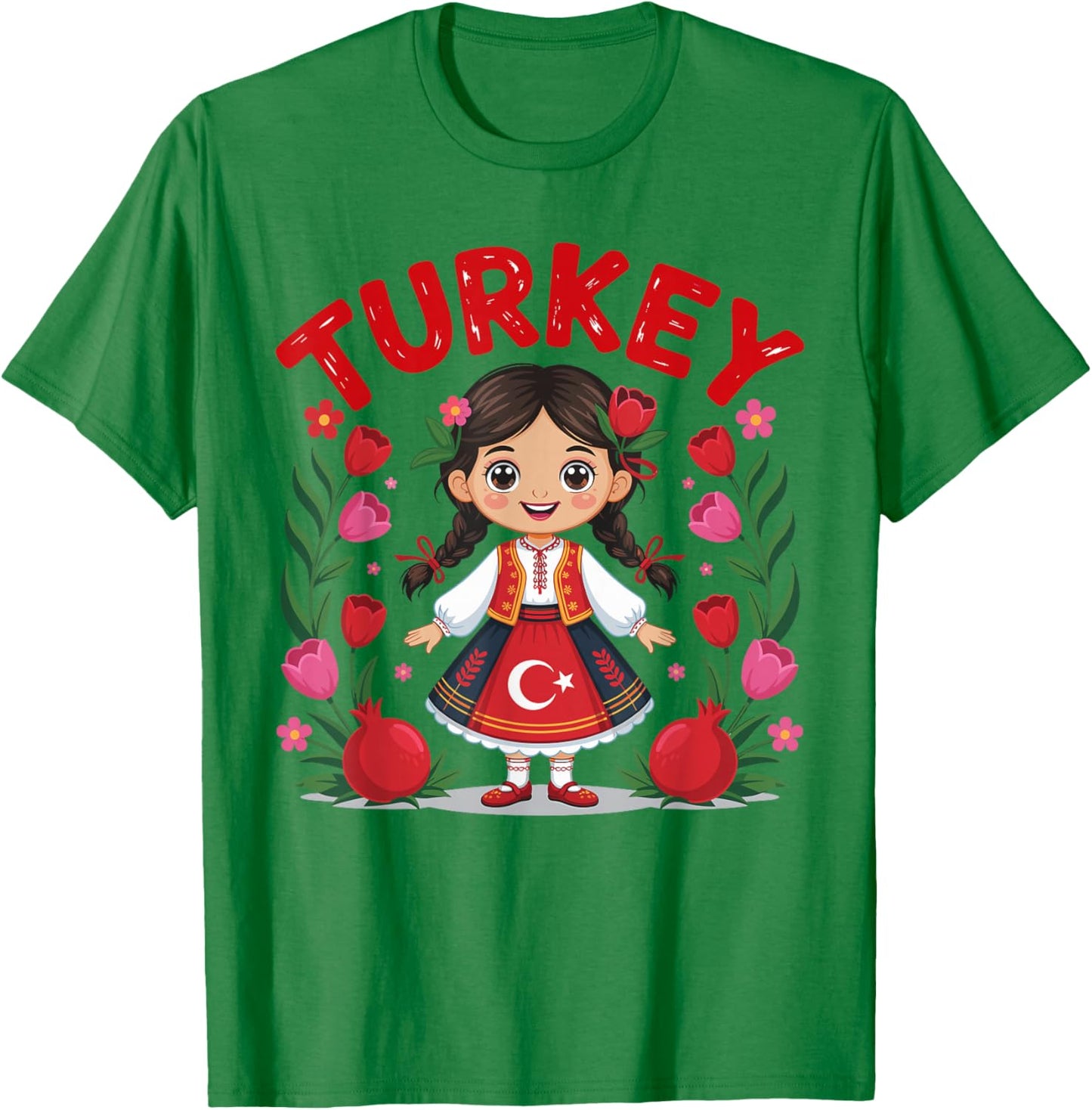 Turkey Girl Traditional Dress with Tulips and Pomegranates T-Shirt - T-Shirt | Irish Green