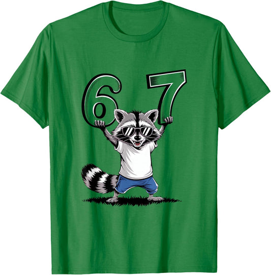67 Meme Funny Raccoon 6 7 Six Seven 6-7 T-Shirt - T-Shirt | Irish Green