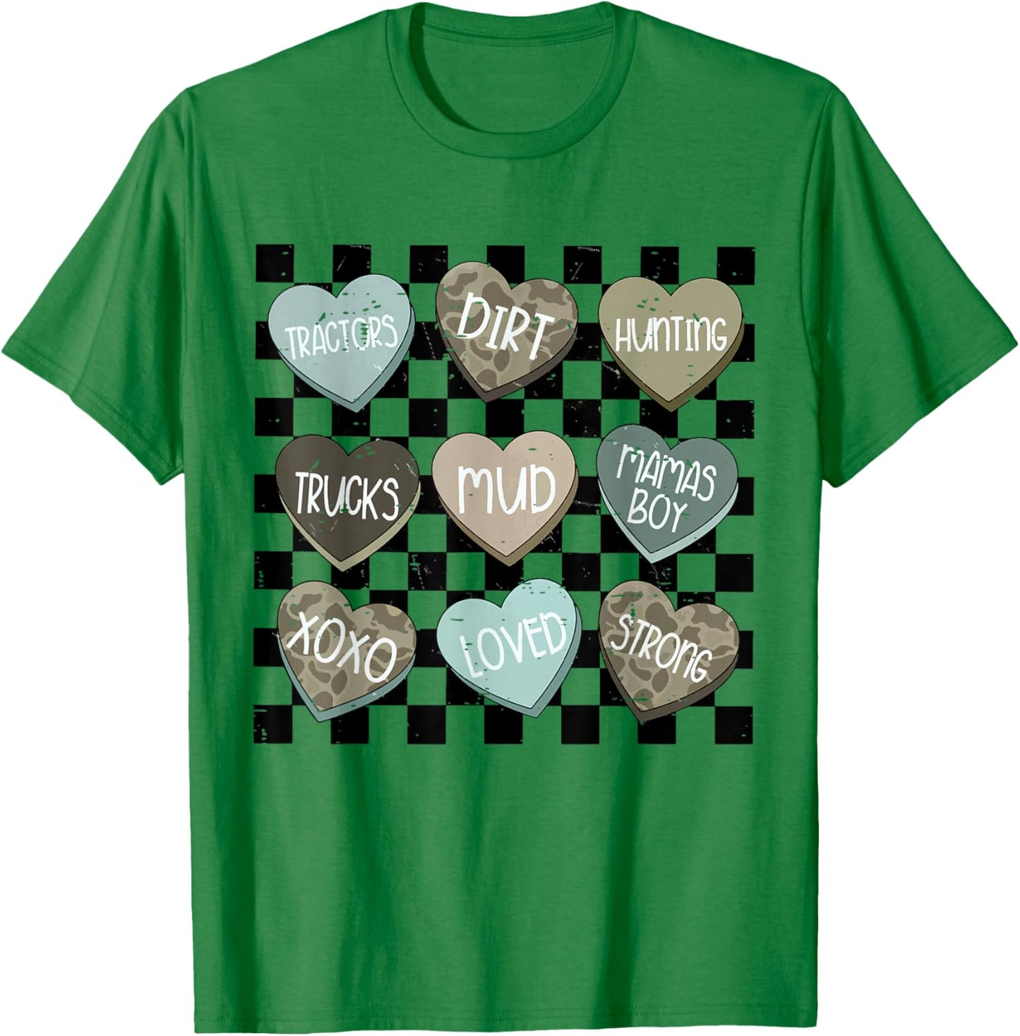 Retro Checkered Camo Hearts Valentine Loved XOXO Kids Boys T-Shirt - T-Shirt | Irish Green