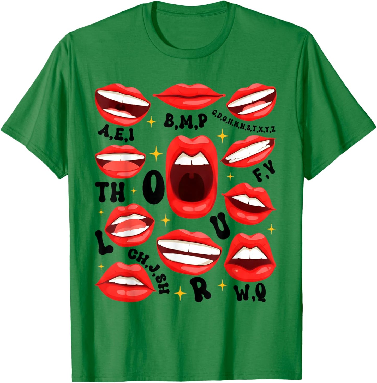 Funny Lips Phonetic Mouth Shapes Speech Therapy Pathologist T-Shirt - T-Shirt | Irish Green