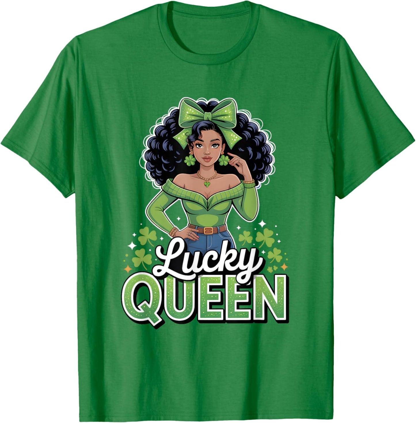 Lucky Queen St Patricks Day Black Girl Afro Shamrock Squad T-Shirt - T-Shirt | Irish Green