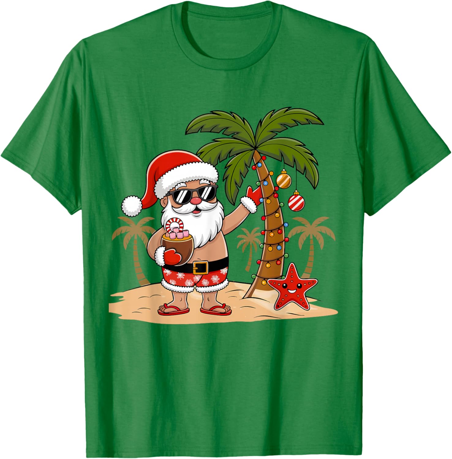 Funny Christmas Santa Hawaiian Beach Xmas Palm Tree Tropical T-Shirt - T-Shirt | Irish Green