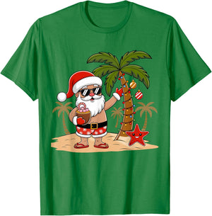 Funny Christmas Santa Hawaiian Beach Xmas Palm Tree Tropical T-Shirt - T-Shirt | Irish Green