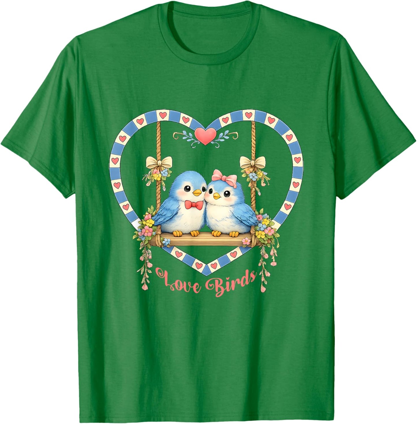 Vintage 80's Style Love Birds On Swing in Heart Flowers Bows T-Shirt - T-Shirt | Irish Green