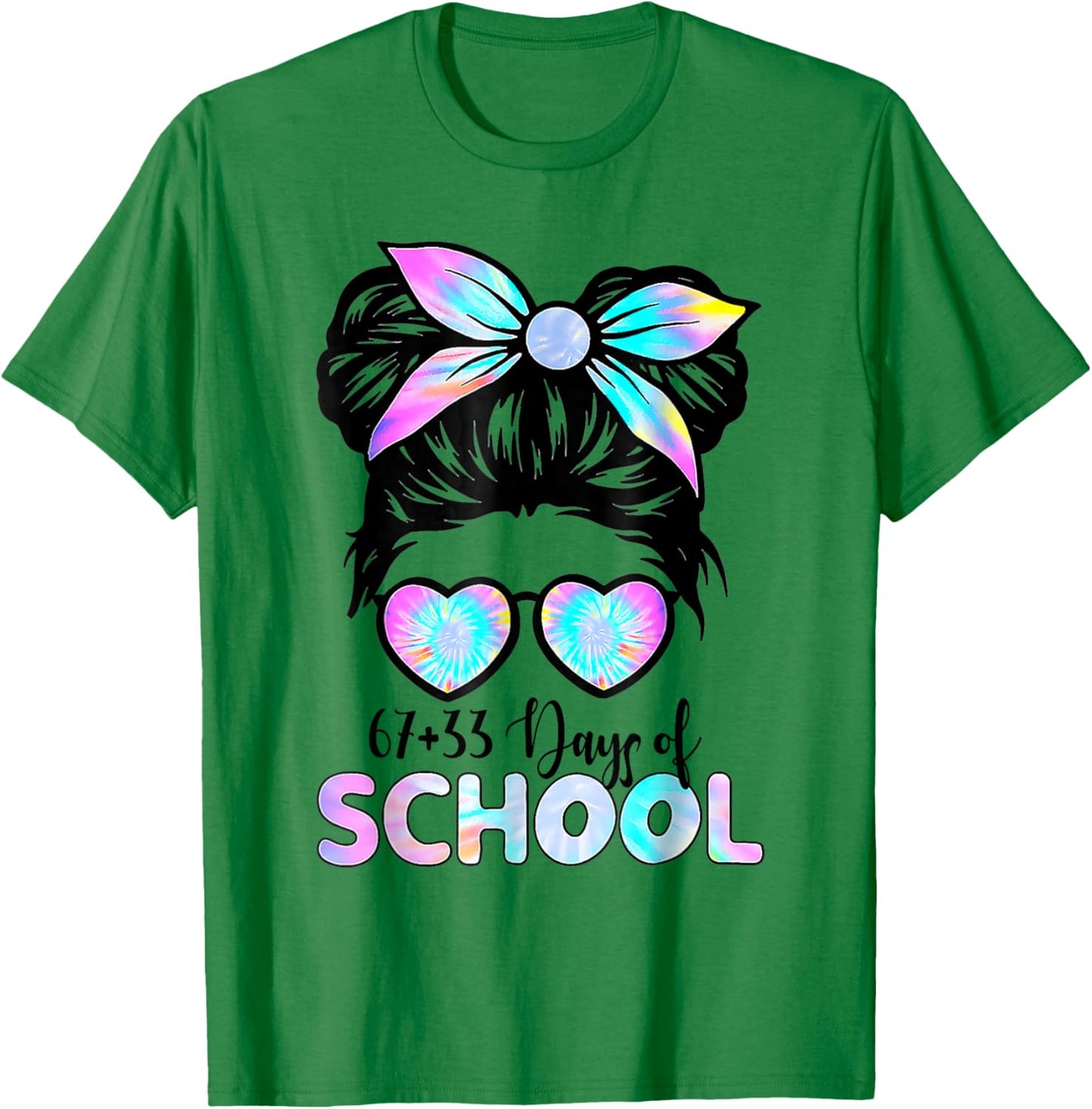 67 33 Days of School Girl Messy Bun Hair 100th Day of School T-Shirt - T-Shirt | Irish Green