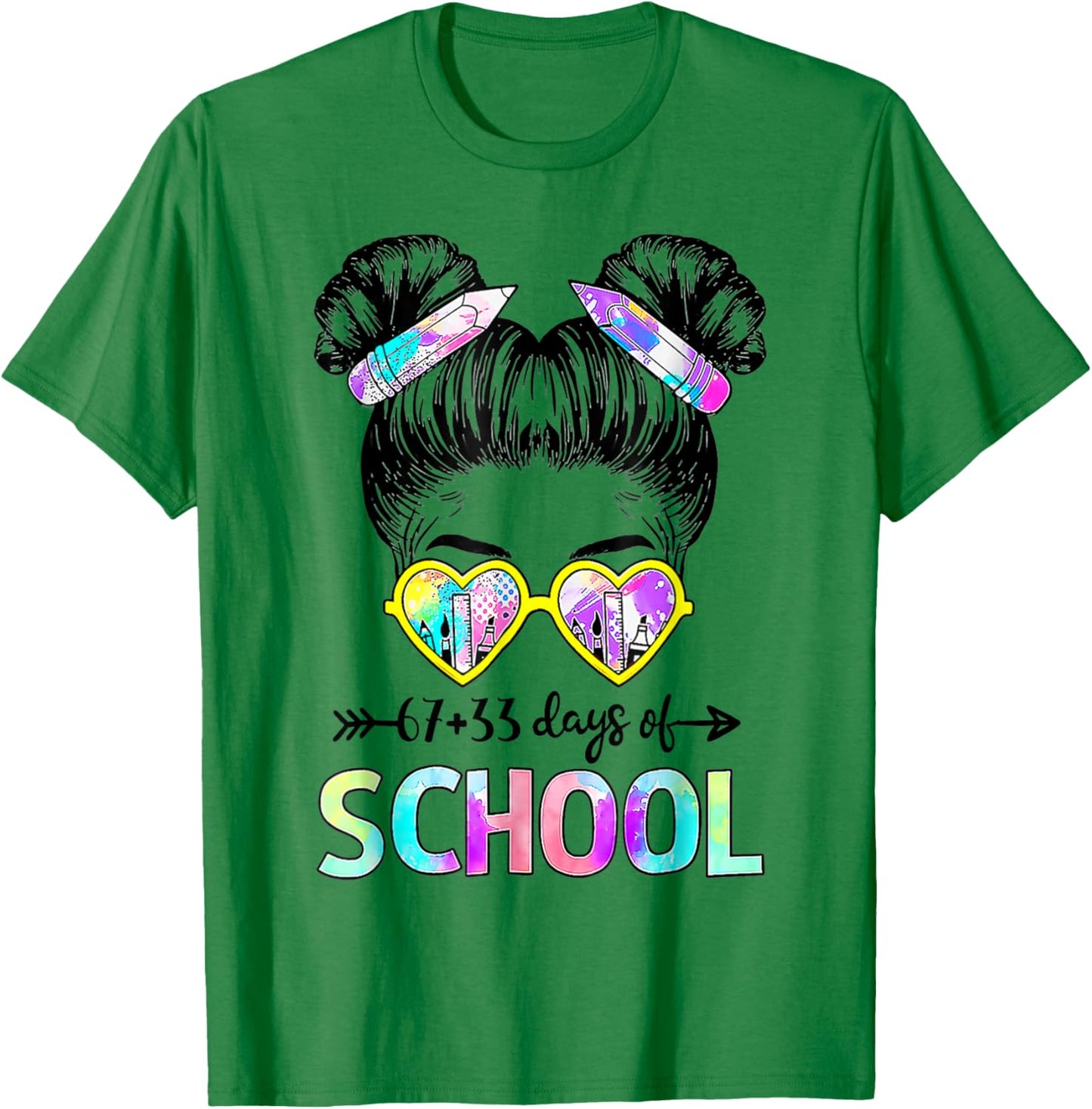 67 33 Days Smarter Girls Messy Bun Hair 100th Day of School T-Shirt - T-Shirt | Irish Green