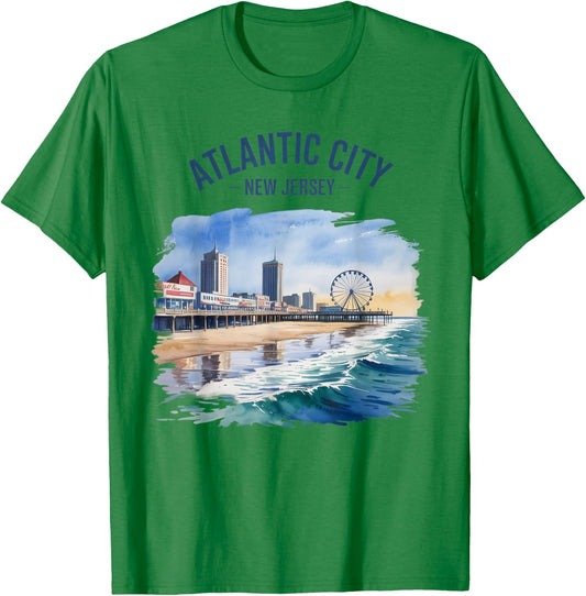 Atlantic City New Jersey Vintage Watercolor Scenic Travel T-Shirt - T-Shirt | Irish Green