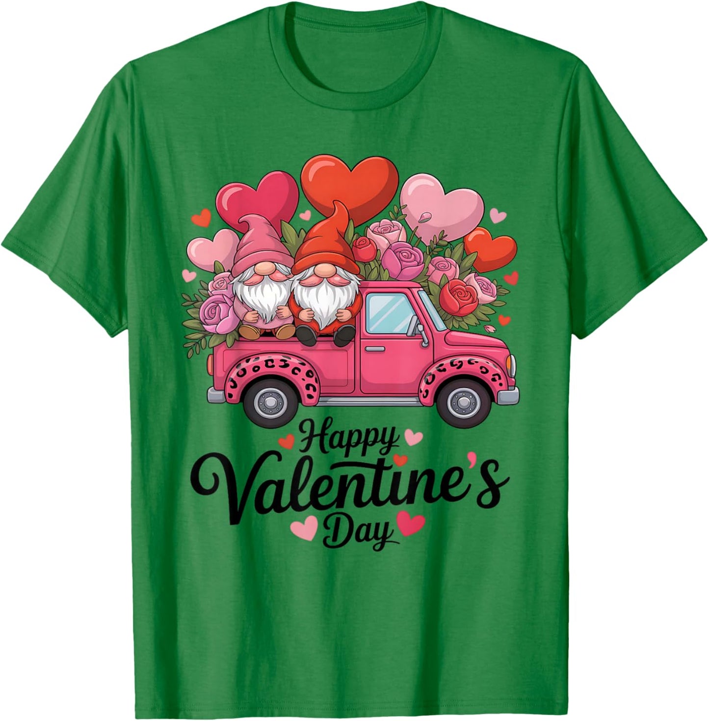 Valentines Day Gnomes Pink Truck Roses Leopard Print T-Shirt - T-Shirt | Irish Green