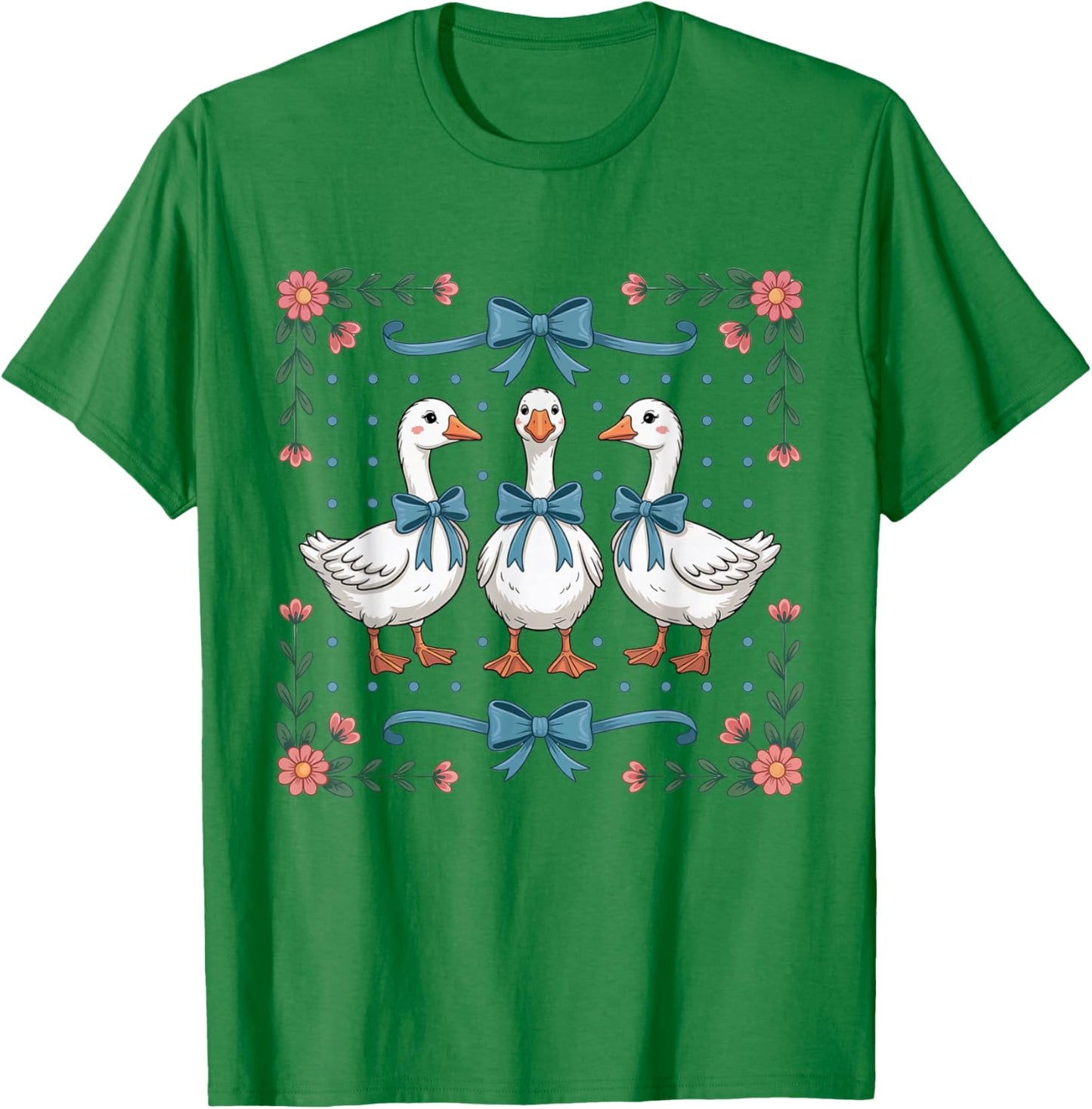Vintage Country Geese and Flowers Bows 80s 90s Style Goose T-Shirt - T-Shirt | Irish Green