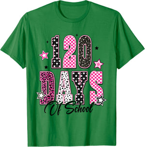 Leopard Checkered 120 Days of School Vintage Retro 120th Day T-Shirt - T-Shirt | Irish Green