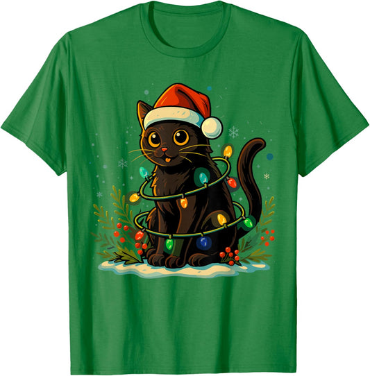 Black Cat Christmas Tree Lights Shirt, Cat Meowy Christmas T-Shirt - T-Shirt | Irish Green
