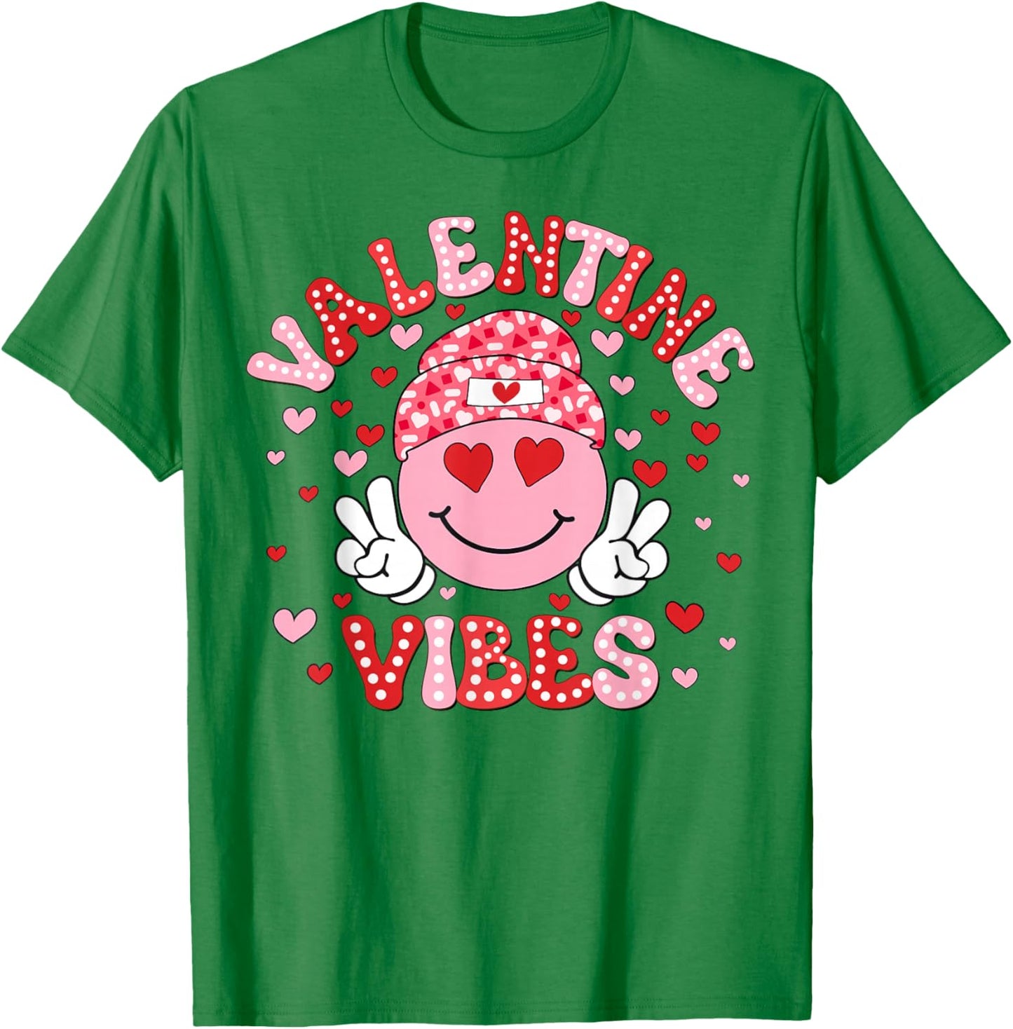Valentine Vibes Funny Happy Smile Face Heart Girl Women Kid T-Shirt - T-Shirt | Irish Green