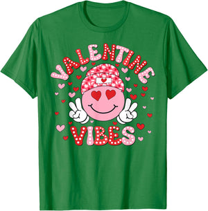 Valentine Vibes Funny Happy Smile Face Heart Girl Women Kid T-Shirt - T-Shirt | Irish Green