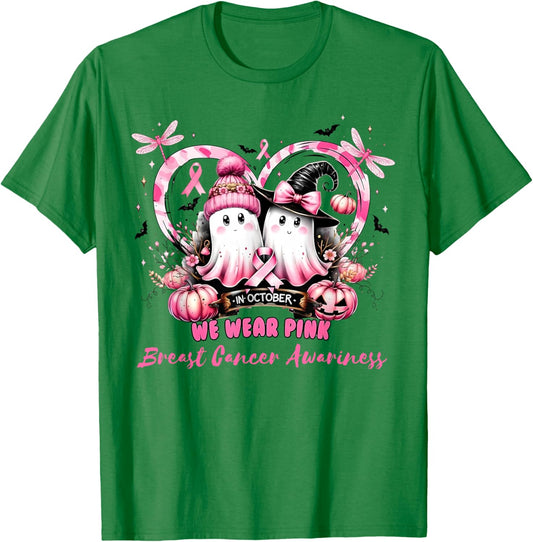 in October We Wear Pink Breast Cancer Heart Dragonflies T-Shirt - T-Shirt | Irish Green