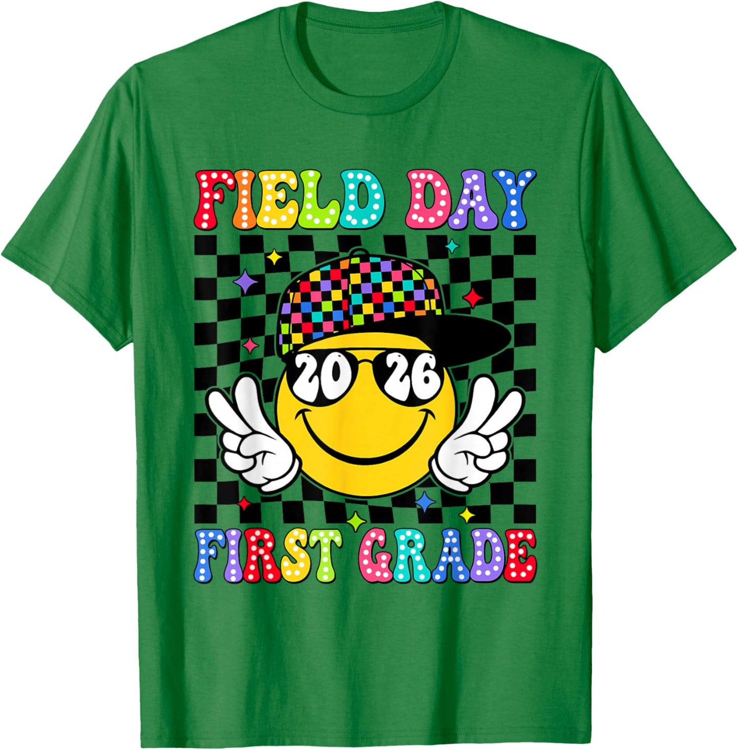 Field Day 2026 1st First Grade Smile Face Kids Field Trip T-Shirt - T-Shirt | Irish Green