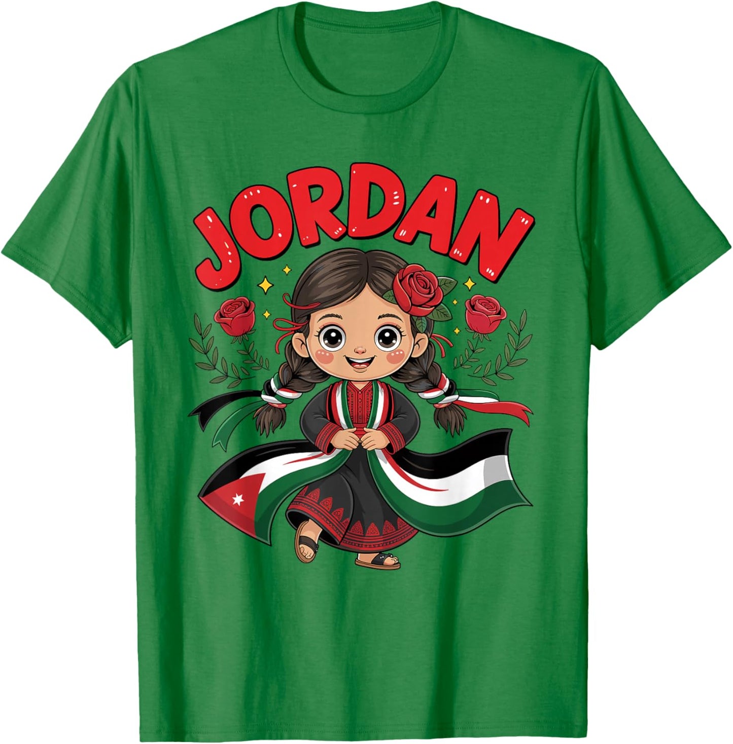 Cute Jordanian Girl in Traditional Black Dress for Kids T-Shirt - T-Shirt | Irish Green