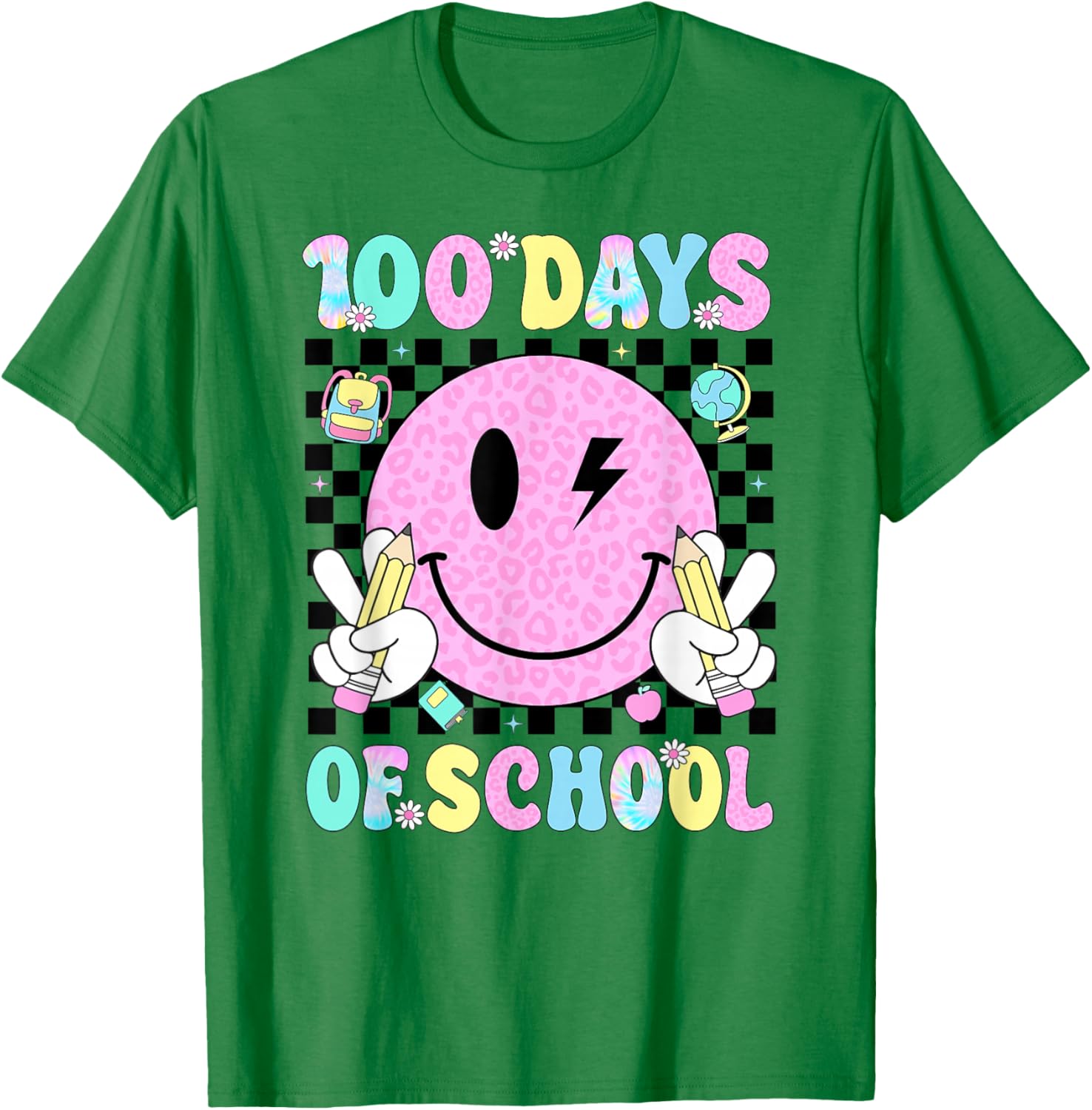 100 Days of School Retro Smile Face Teacher Kids 100th Day T-Shirt - T-Shirt | Irish Green