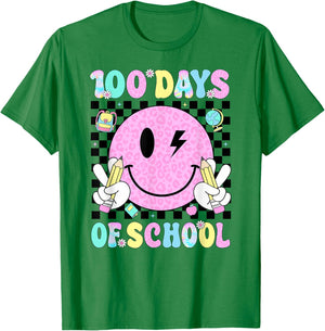 100 Days of School Retro Smile Face Teacher Kids 100th Day T-Shirt - T-Shirt | Irish Green