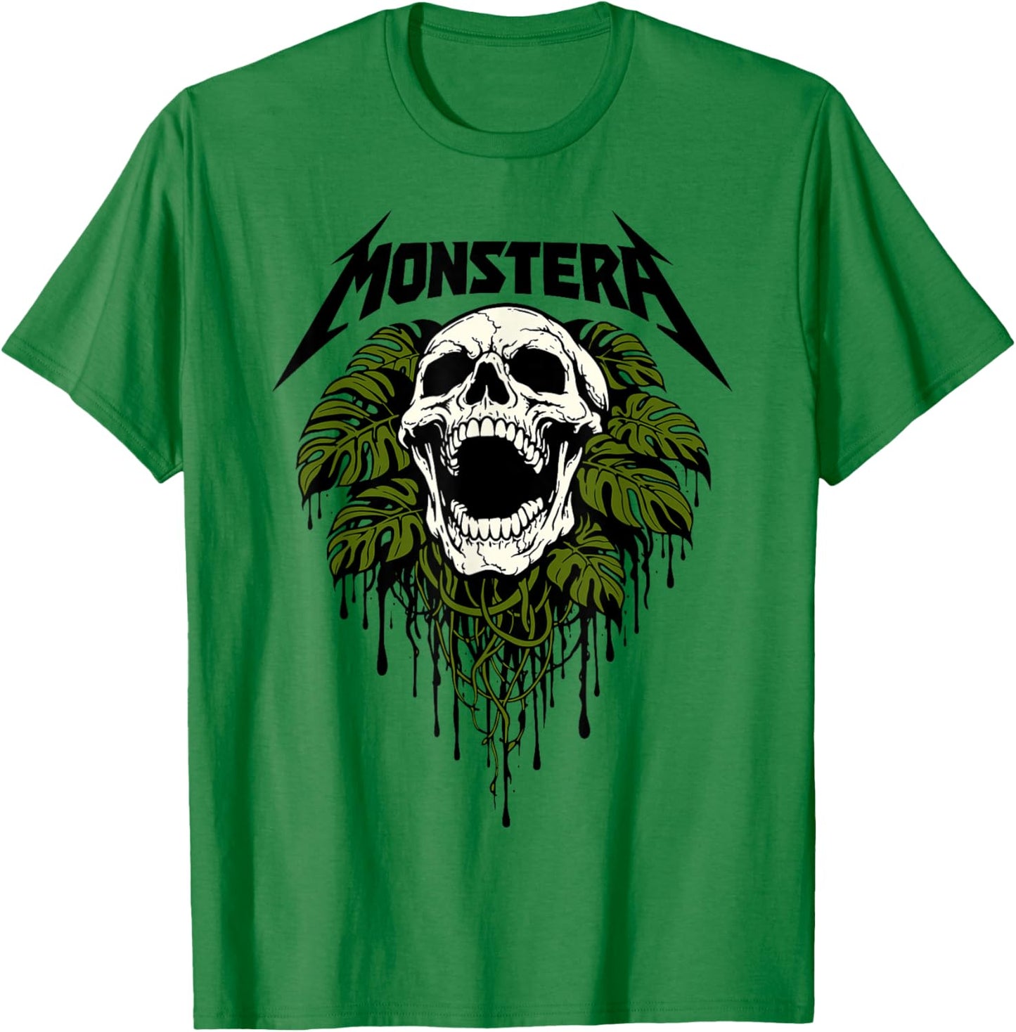 Funny Skull Monstera Plant Lover Gardener Grunge Metal Band T-Shirt - T-Shirt | Irish Green