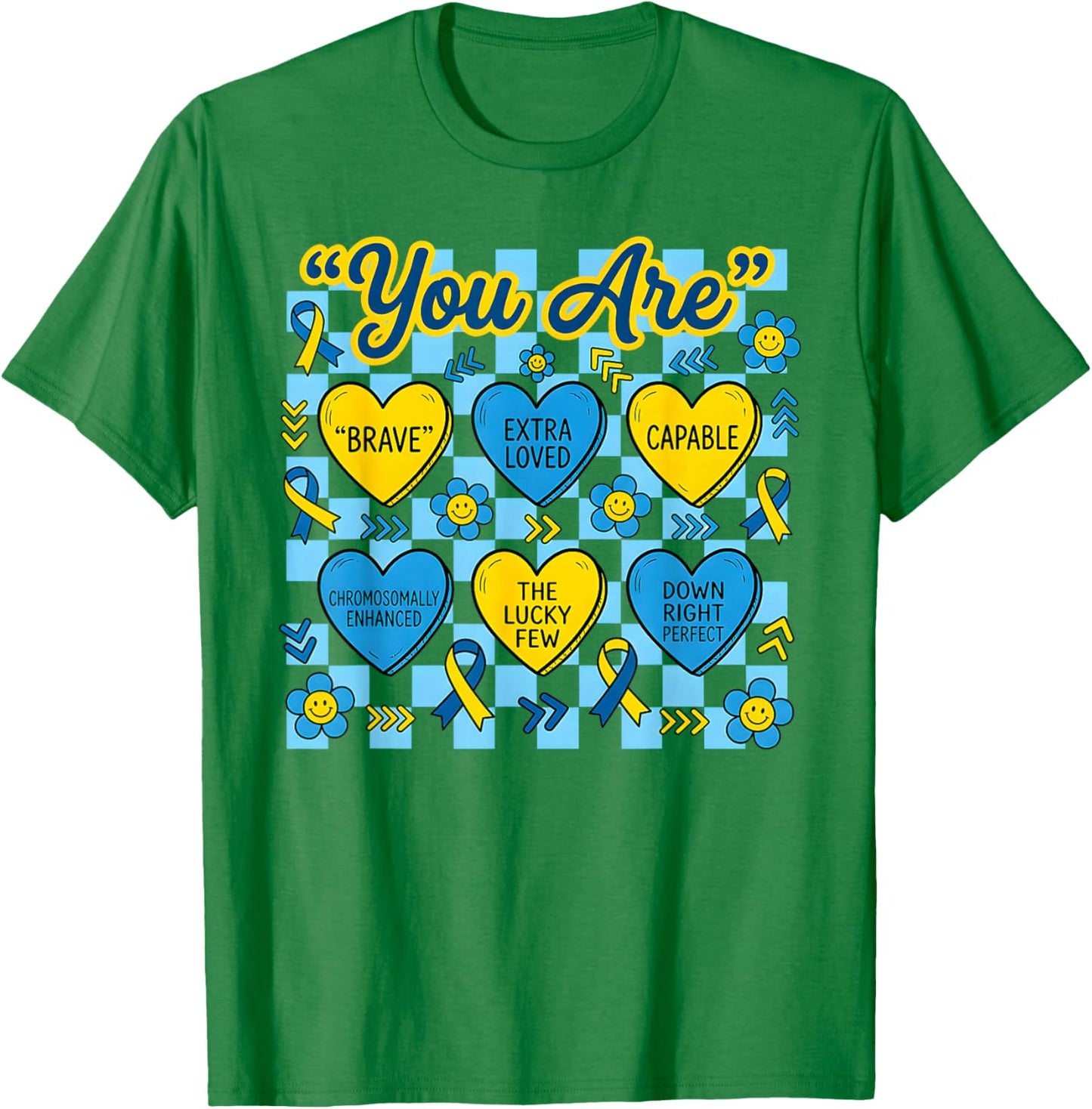 Down Right Perfect Down Syndrome Awareness Heart Candy T-Shirt - T-Shirt | Irish Green