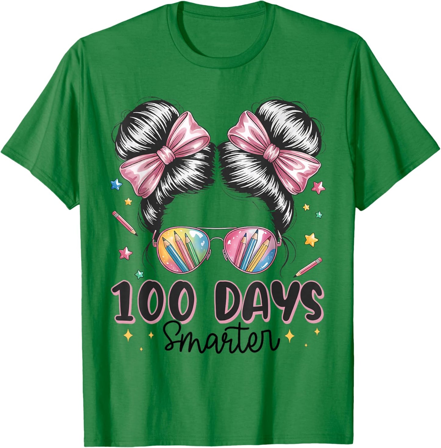 100 Days Smarter Messy Bun Girls 100th Day of School Kids T-Shirt - T-Shirt | Irish Green