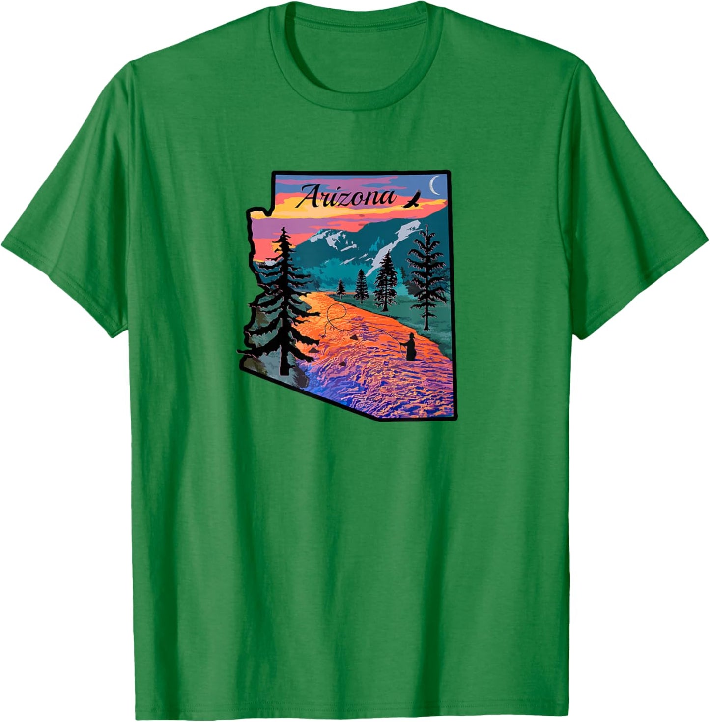 Arizona Fly Fishing Retro Sunset State Outline T-Shirt - T-Shirt | Irish Green