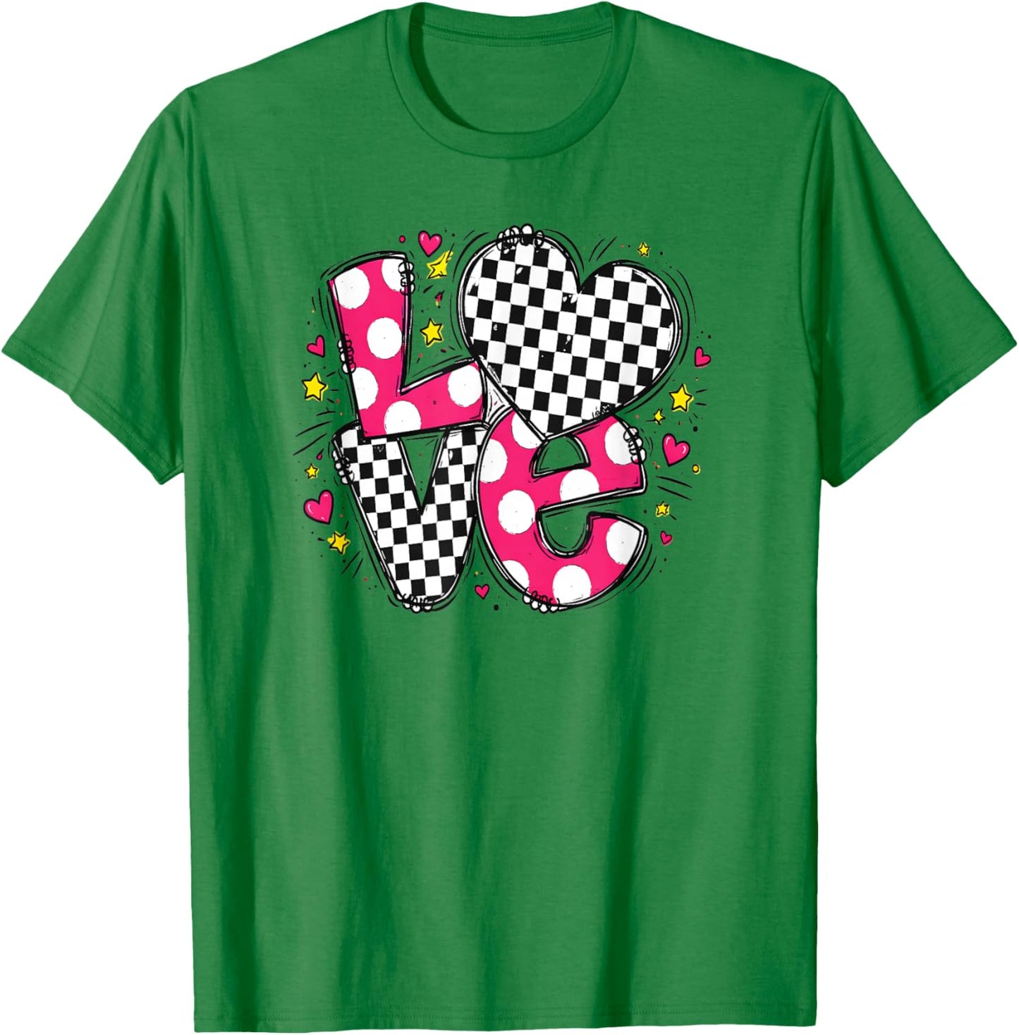 Valentine Cute Love Letter Message Heart Checkered and Dots T-Shirt - T-Shirt | Irish Green