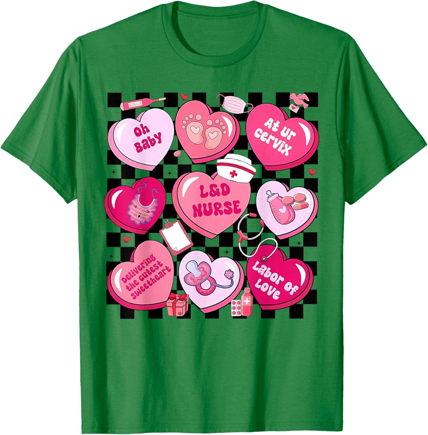 Women Labor and Delivery Nurse Hearts Candy Valentine's Day T-Shirt - T-Shirt | Irish Green