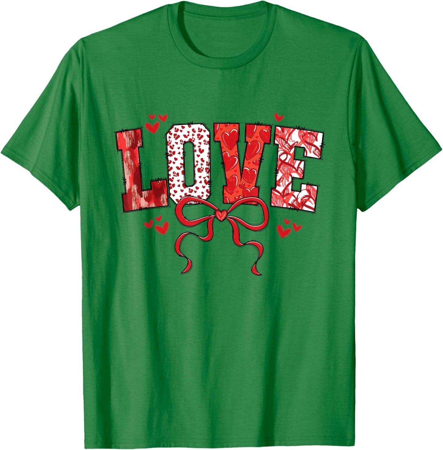 Love Bow Hearts Patchwork Style Cute Valentine Text T-Shirt - T-Shirt | Irish Green