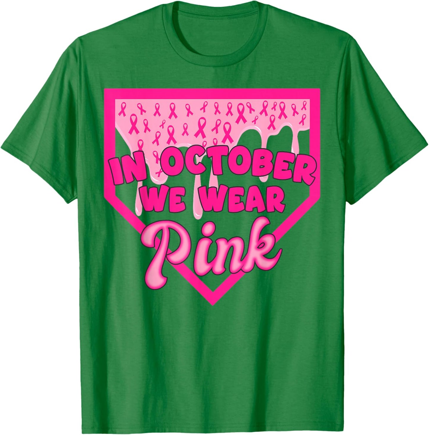 in October We Wear Pink Baseball Drip Boy Kids Breast Cancer T-Shirt - T-Shirt | Irish Green