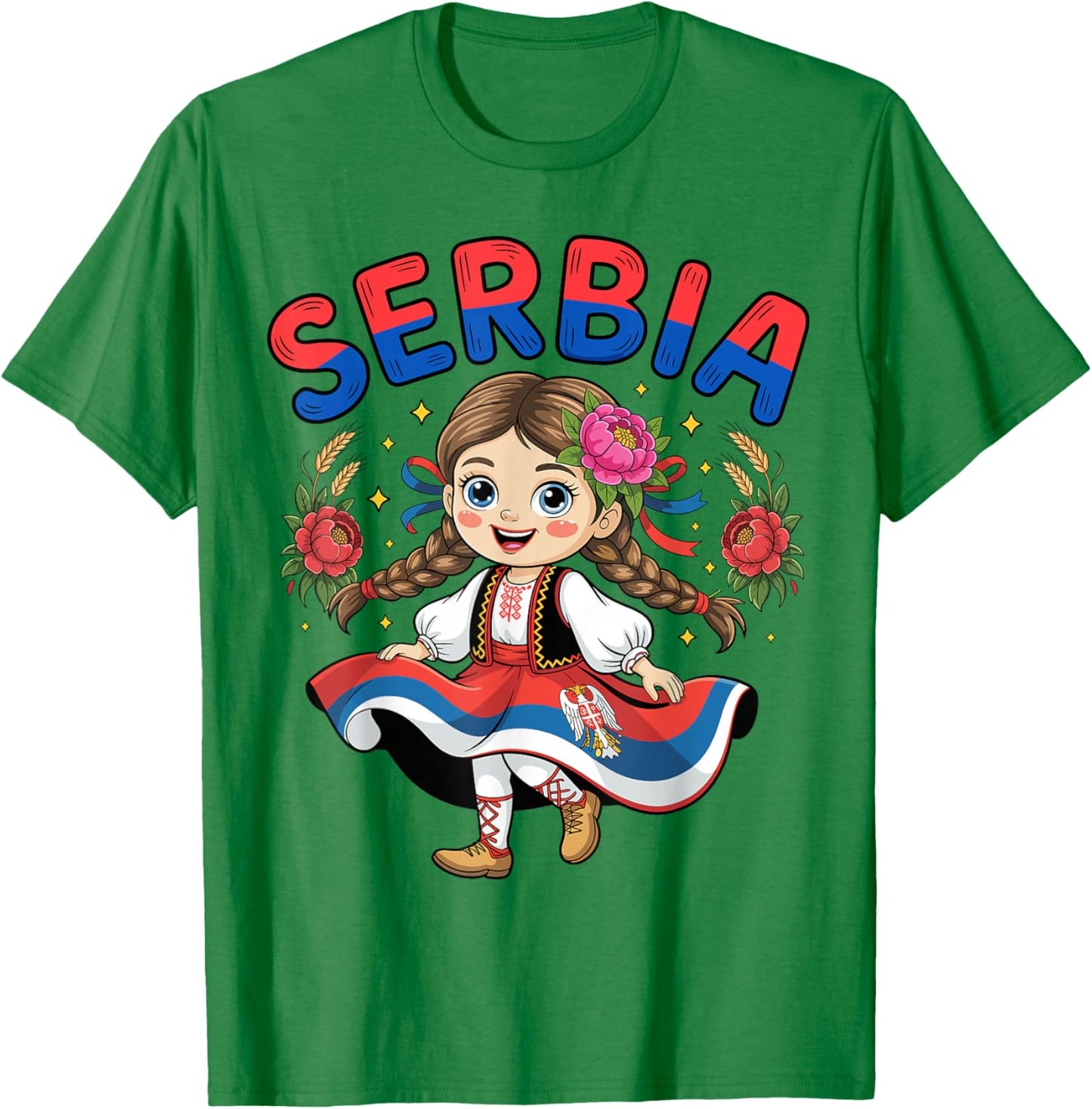 Cute Serbian Girl in Traditional Folk Dress for Kids T-Shirt - T-Shirt | Irish Green