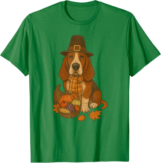 Thanksgiving Basset Hound Dog Cute T-Shirt - T-Shirt | Irish Green