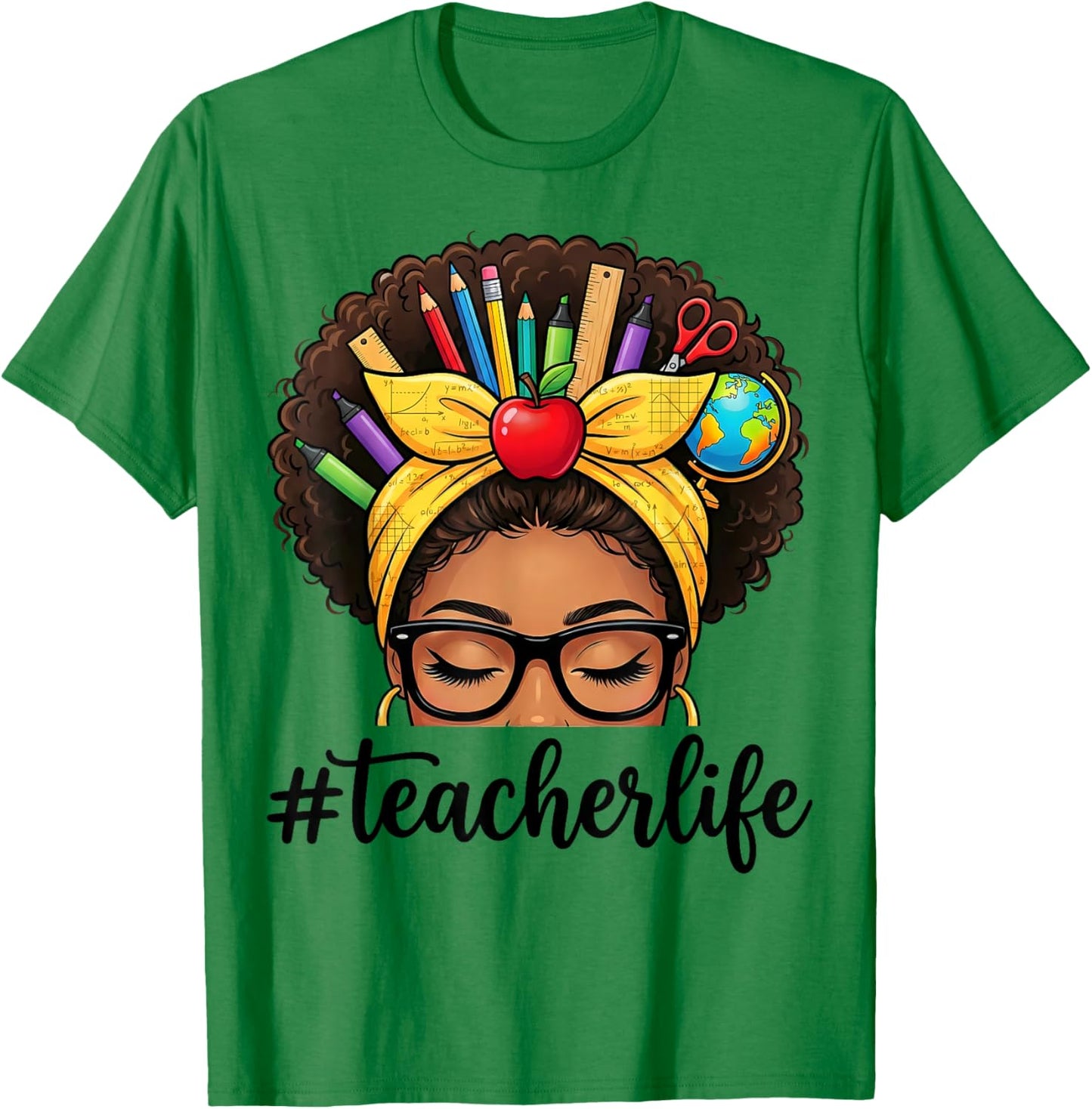 African American Black Teacher Life Messy Bun School T-Shirt - T-Shirt | Irish Green