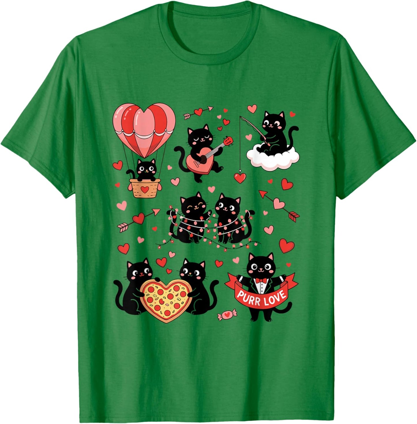 Retro Black Cat Heart Valentines Day Cute Kitten Lover T-Shirt - T-Shirt | Irish Green