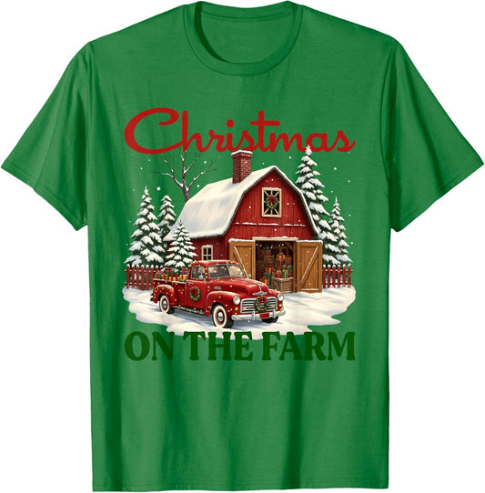 Christmas On The Farm Shirt Vintage Red Truck Barn Xmas Gift T-Shirt - T-Shirt | Irish Green