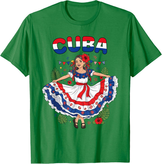 Cuba Cuban Girl Traditional Dress Tropical Flowers T-Shirt - T-Shirt | Irish Green