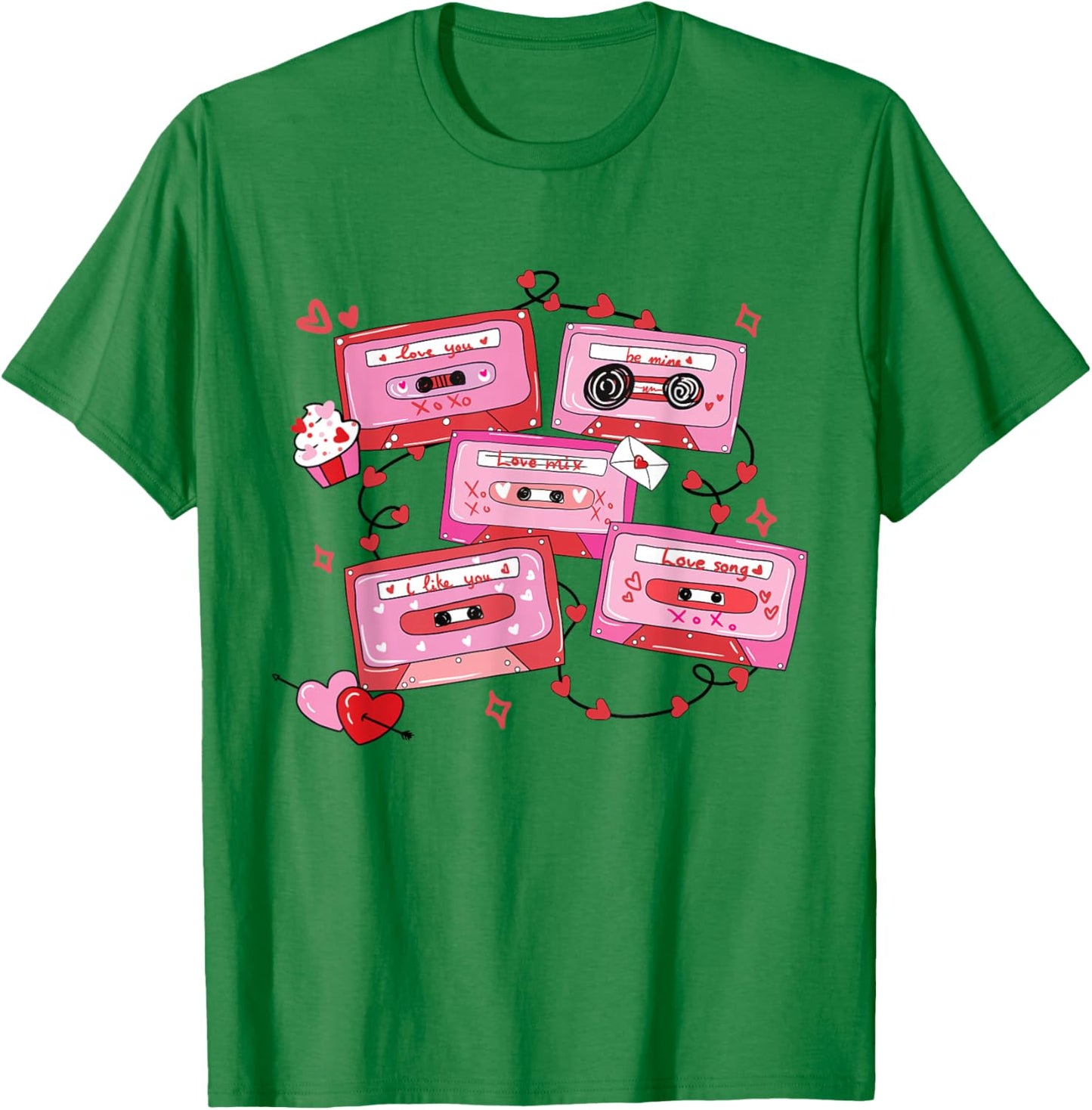 Retro Valentine Cassette Tape Heart Music Illustration T-Shirt - T-Shirt | Irish Green