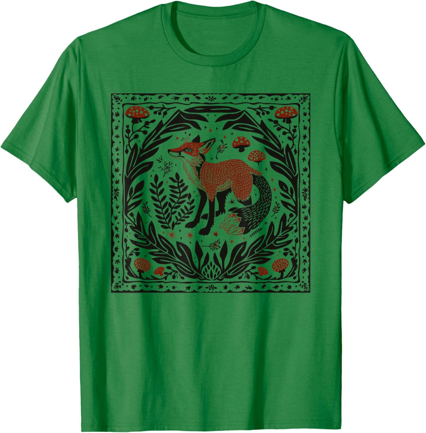Forestcore Fox Linocut Print - Folklore and Nature Magic T-Shirt - T-Shirt | Irish Green